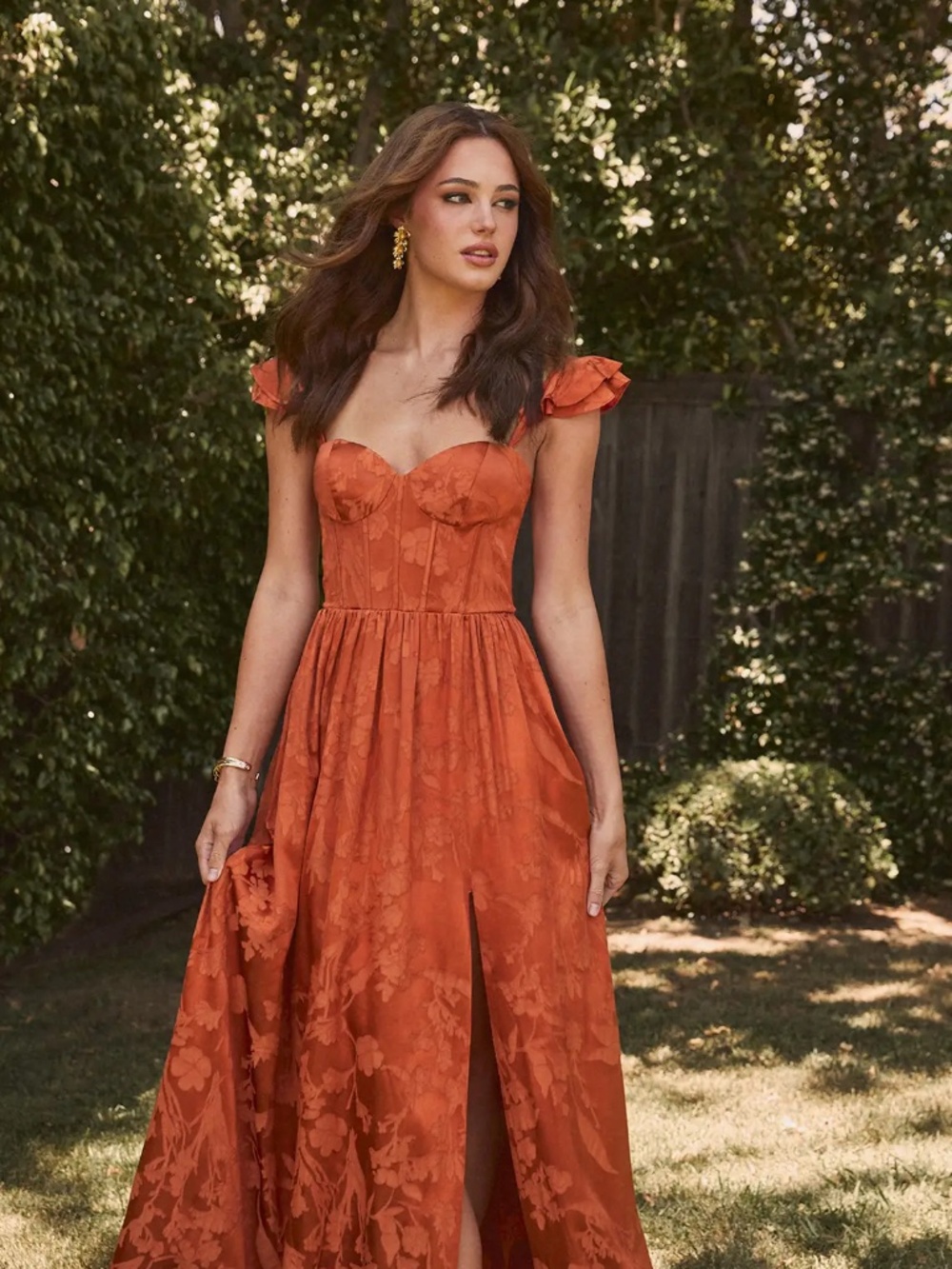 Azazie Atelier Jianna Rust Flutter Sleeves Maxi Dress - Autumn/Rust - Size 4